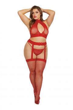 Lencería Bralette, Liga y Tanga - Talla Queen - Rojo Intenso