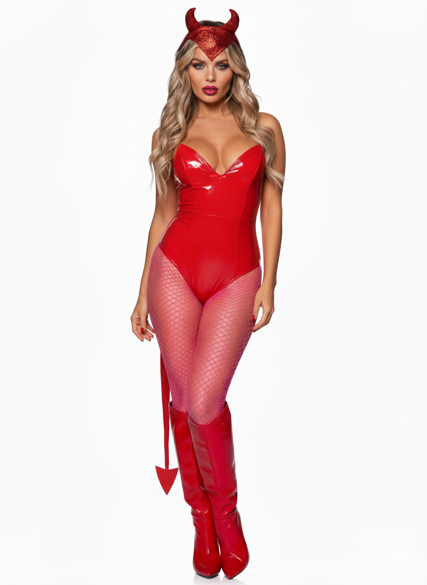 Set de Diablita con Diadema de Cuernos y Cola – Color Rojo